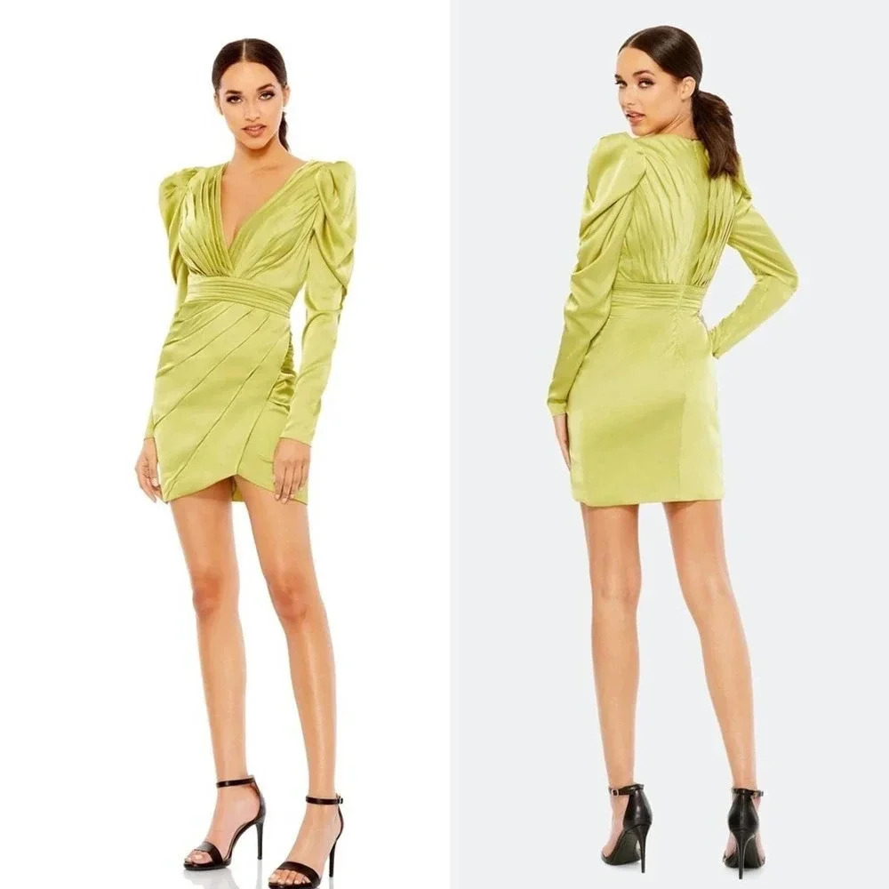 Nwt Mac Duggal 26380 Ruched Satin Puff Sleeve Cocktail Dress - Pleated Mini